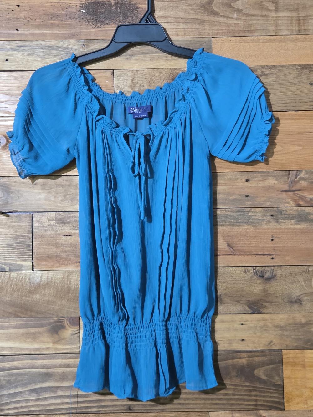 Peasant Women's Blouse Boho Smocked Crinkle Romantic Turquoise Casual Sz S